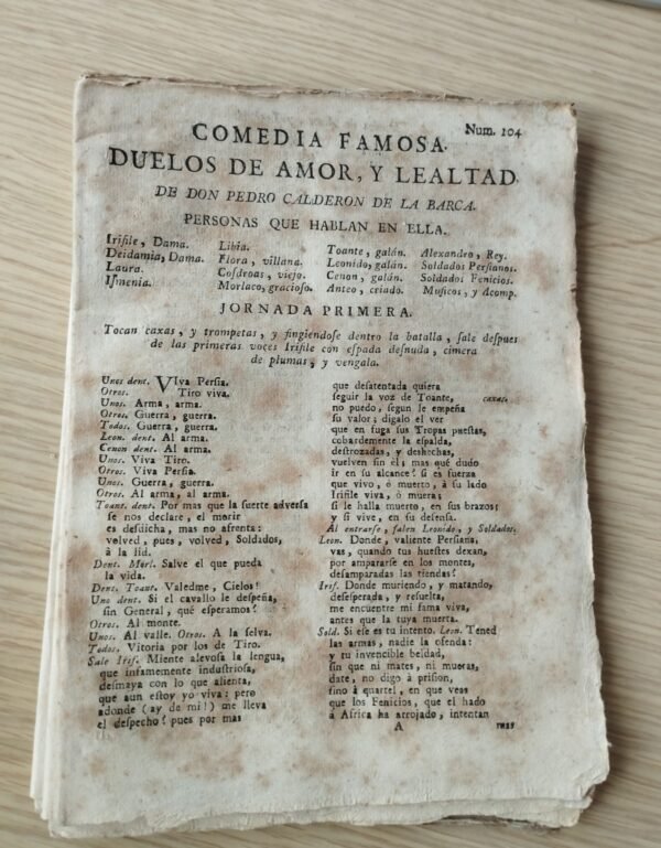 Pliego de cordel – Duelos de amor, y lealtad – S. XVIII – Intonso – Calderon de la Barca