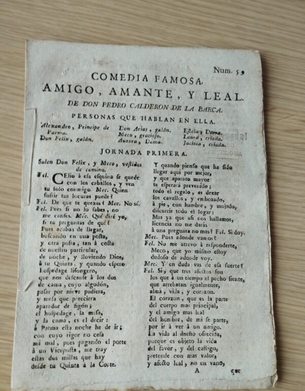 Pliego de cordel – Amigo, amante, y leal – S. XVIII – Intonso – Calderon de la Barca