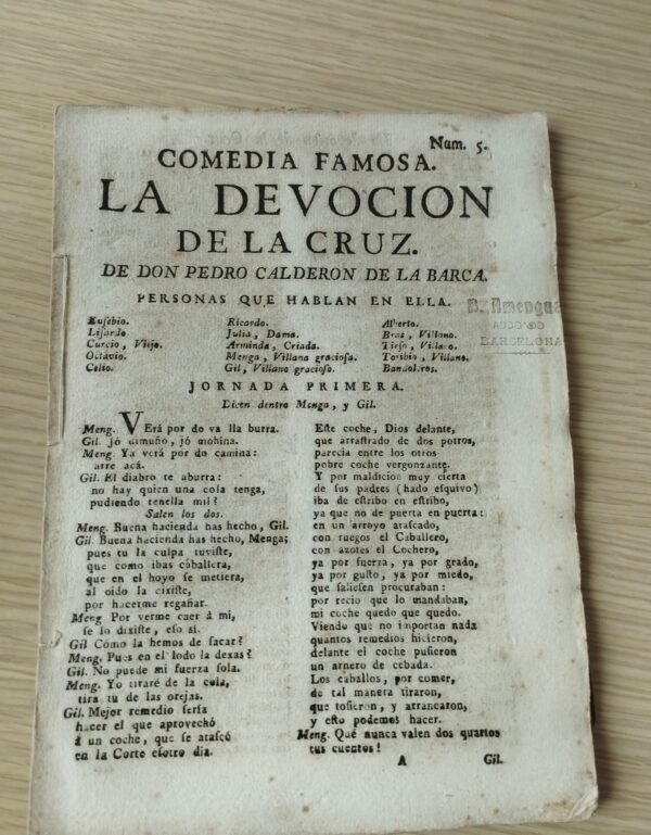 Pliego de cordel – La devocion de la cruz – S. XVIII – Intonso – Calderon de la Barca