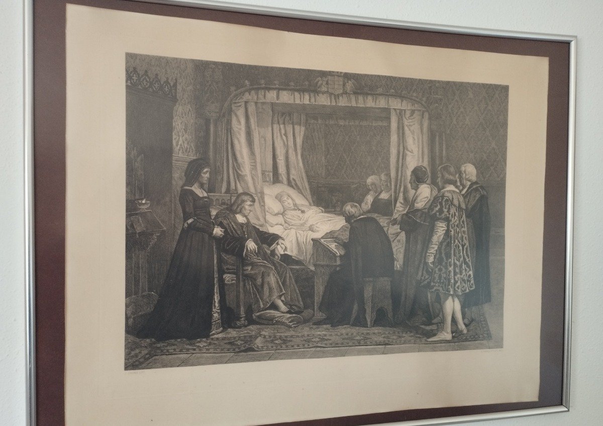 Grabado Bartolomé Maura y Montaner – El testamento de Isabel la Católica – 1877