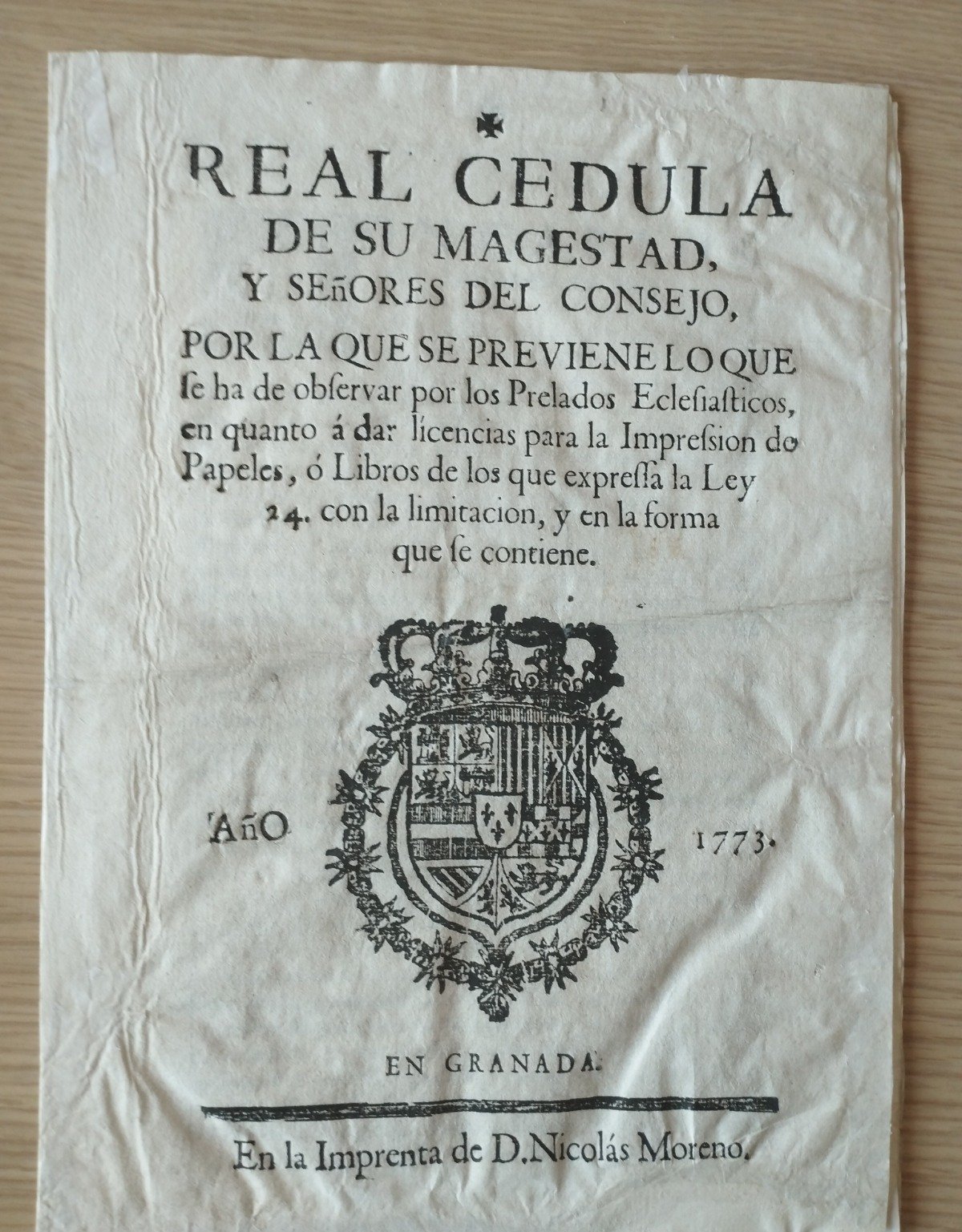 Carlos III – Licencias de impresión de papeles o libros… – Real Cedula – 1773